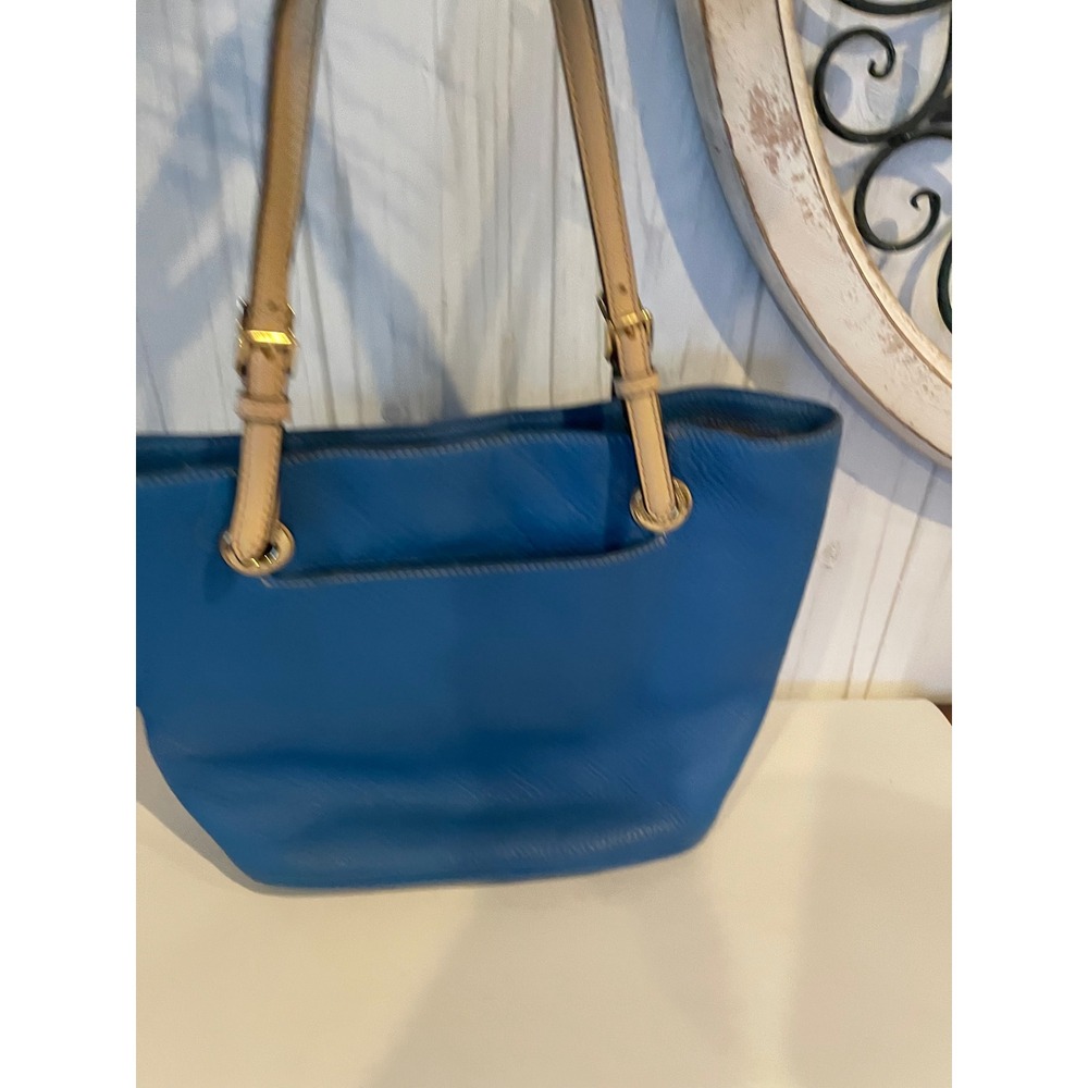 Michael Kors Bedford Blue Pebbled Leather Tote Bag Gold Hardware MK Charm